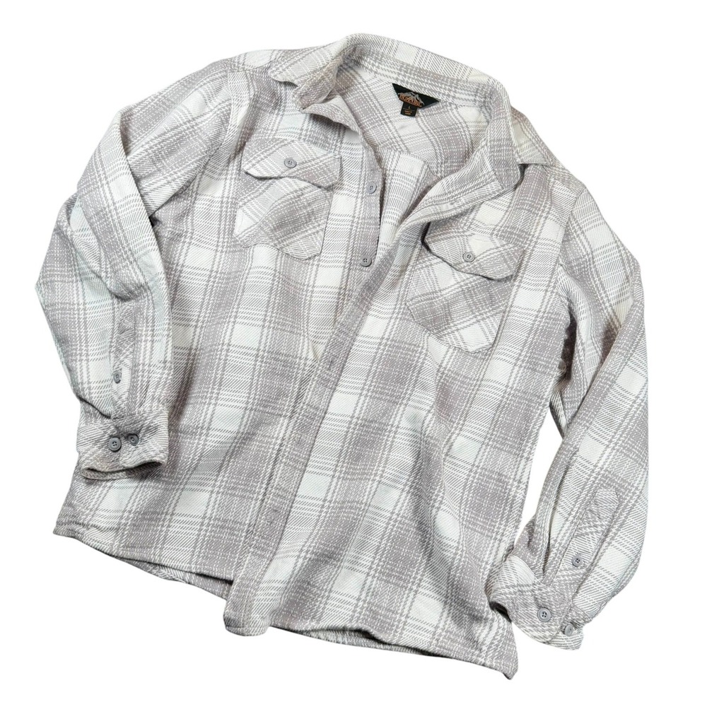 Pacific Trail Plaid Flannel Mens Large Grey White Button Up Heavy Cotton Casual